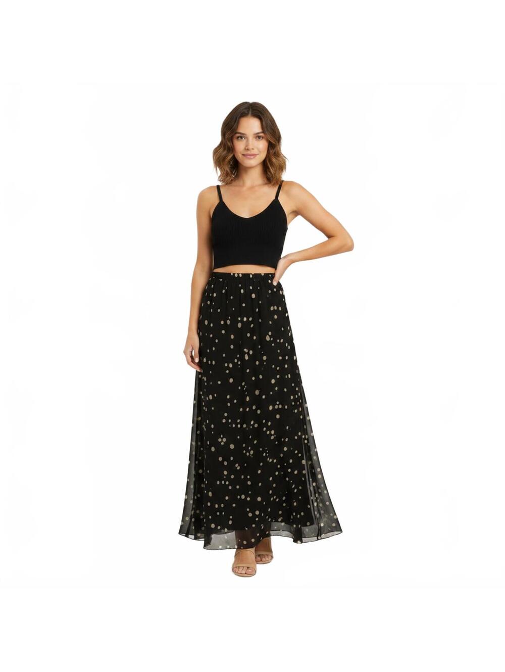 Lucy & Co. Maxi Skirt L Black White Polka Dot Flowy Casual